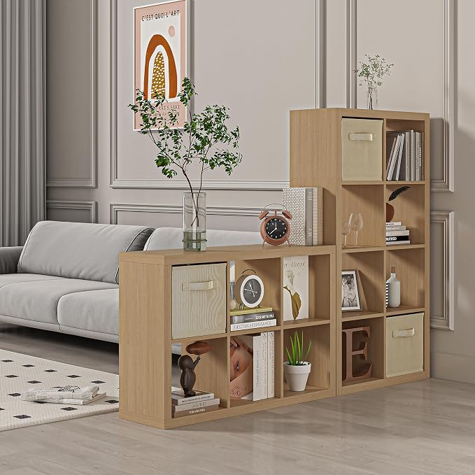 Bookshelf with Storage Bins, 9-Cube Storage Organizer Sturdy Wooden Bookcase - Image 4