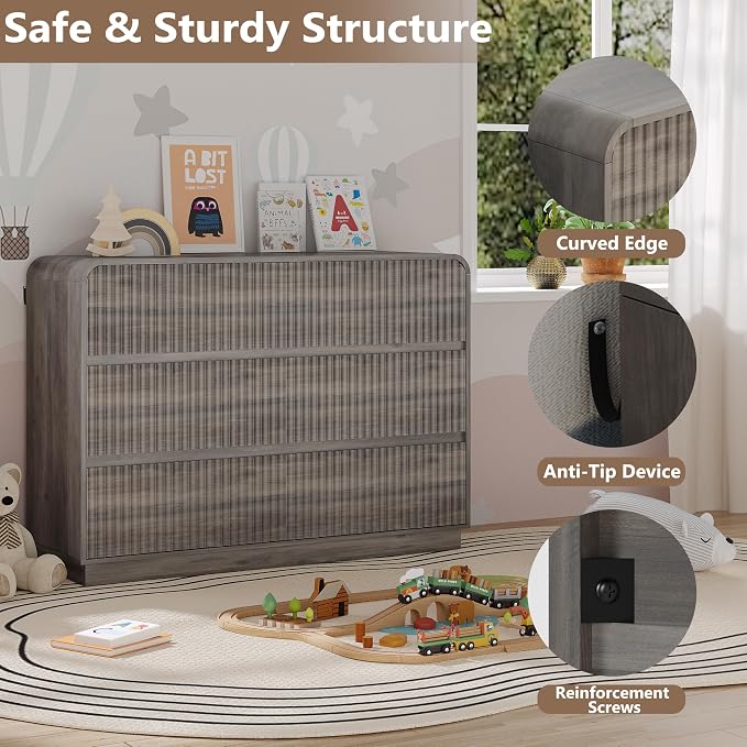 Dresser for Bedroom with 6 Drawers, Fluted Chest of Drawers with Round Curved - Image 4