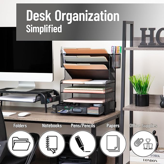 Mind Reader Mesh Desk Organizer, 6 Compartments, 1 Drawer, 2 Pen Cups, Office - Image 2
