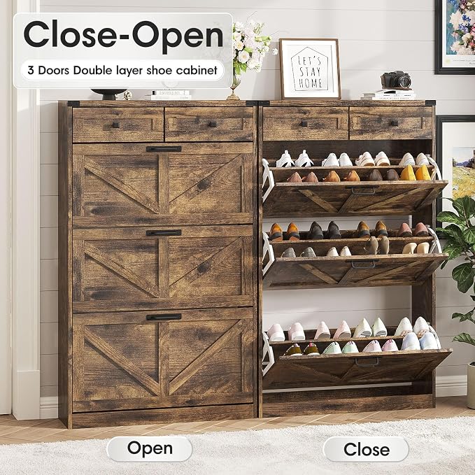 Shoe Cabinet with 3 Flip Drawers & 2 Drawers, Freestanding Shoe Storage Cabinet - Image 5
