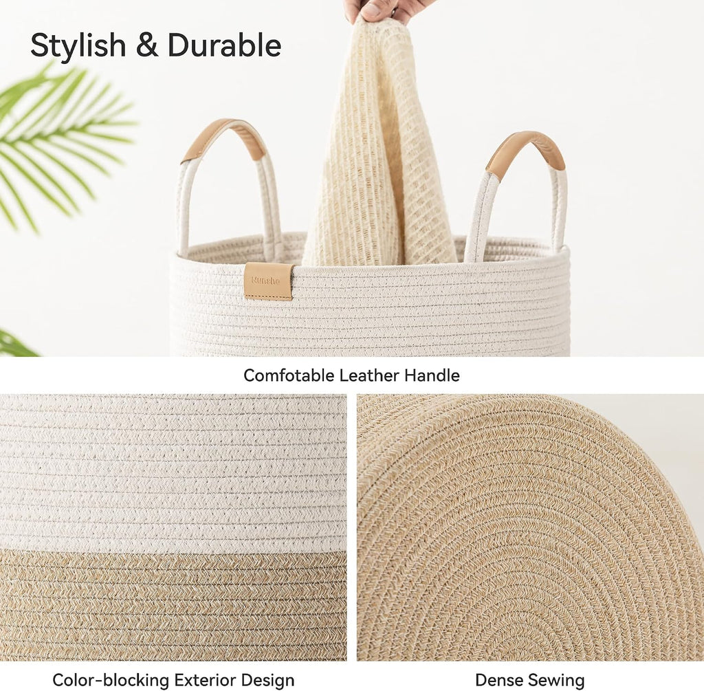 62L Striped Laundry Hamper with Leather Handles,Large Foldable Laundry