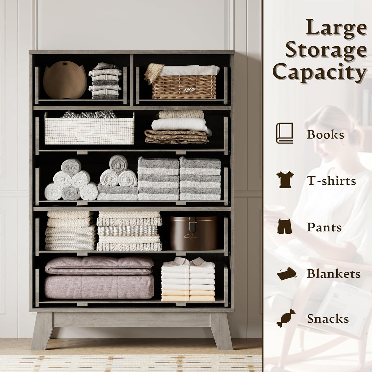 BORNOON 46" Tall Dresser for Bedroom, 6-Drawer Fluted Chest of