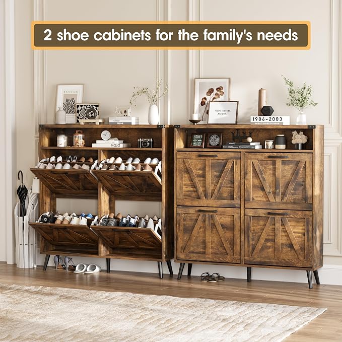 Shoe Cabinet with 4 Flip Drawers, Farmhouse Shoe Storage Cabinet - Image 4