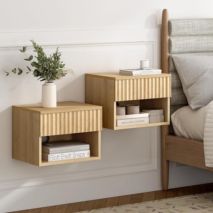 Floating Nightstand with Drawer, Modern Small Night Stand with Fluted Door and - Image 5