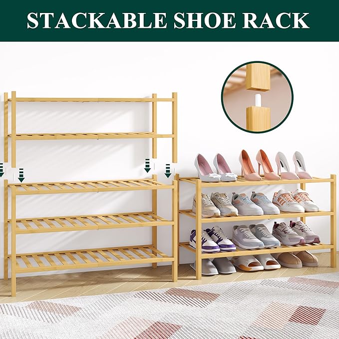 Smiry Bamboo Shoe Rack for Closet, 5 Tier Wooden Stackable Shoe Organizer - Image 4