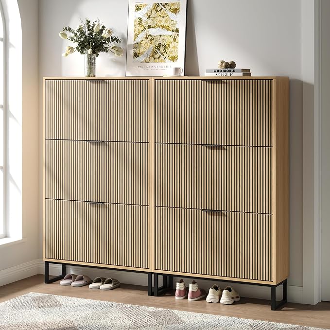 Shoe Cabinet with 3 Flip Drawers Set of 2, Narrow Wood Shoe Cabinet Storage - Image 7