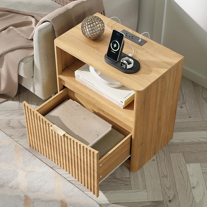 Night Stand with Charging Station, Modern Bedside Table with Drawer & Open - Image 7