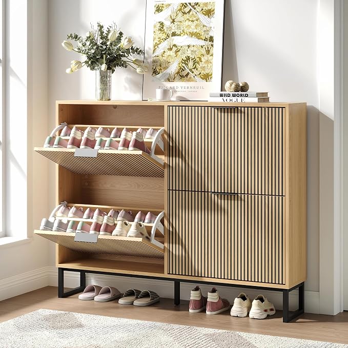 Shoe Cabinet with 4 Flip Drawers, Narrow Wood Shoe Cabinet Storage by Provideyouwithbestproduct%EF%BC%81