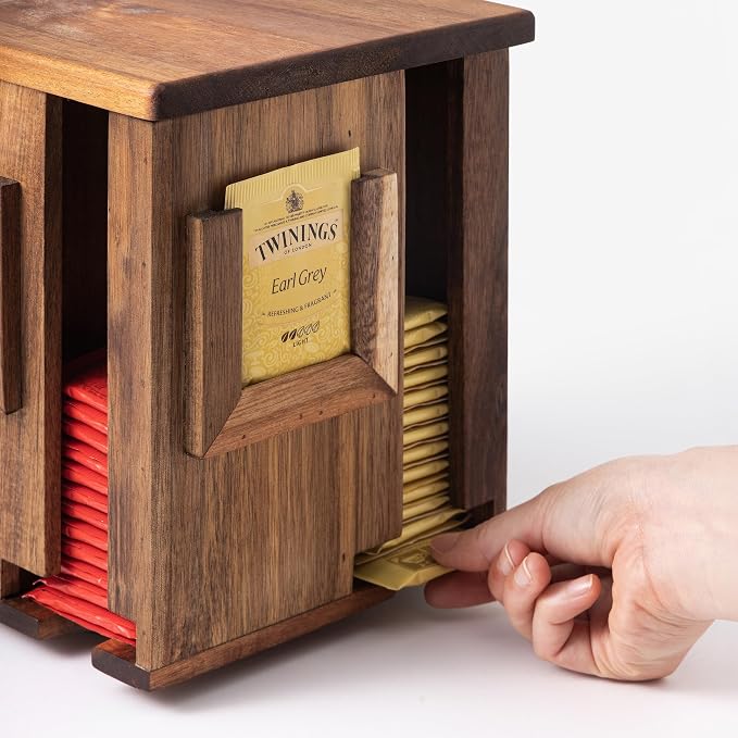 Rotating Tea Bag Organizer – Acacia Wood 4-Sided Storage Box - Image 2