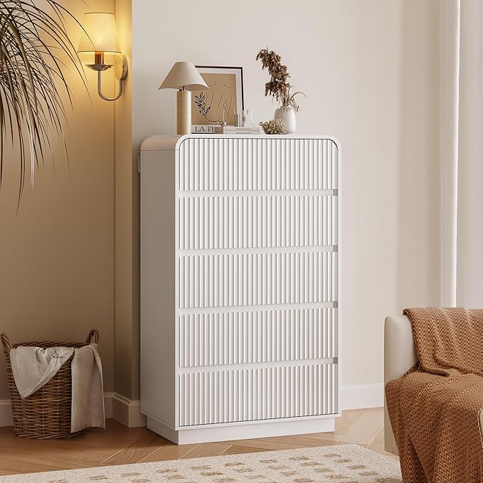 Tall Dresser for Bedroom with 5 Drawers, Fluted Chest of Drawers with Round by BORNOON