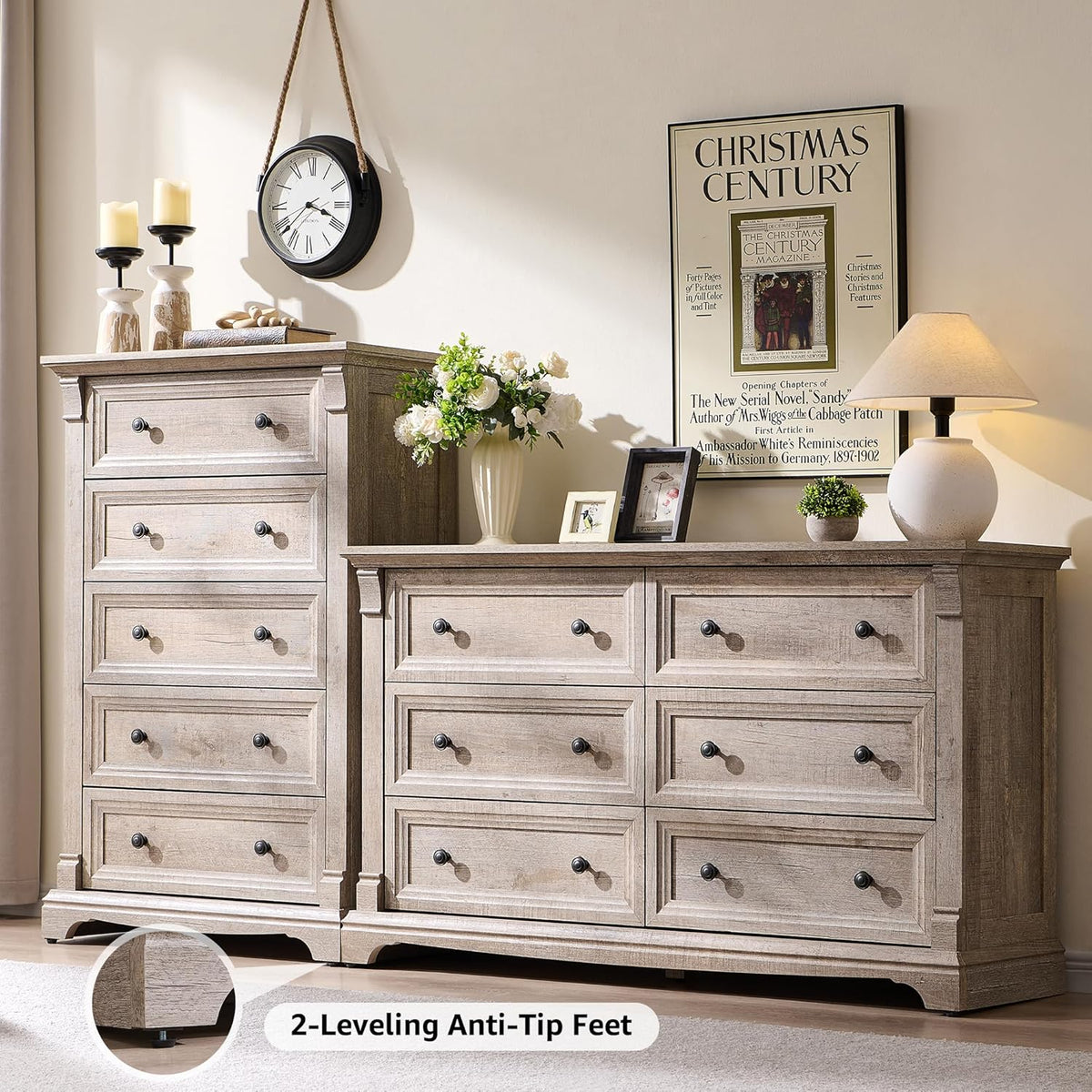 T4TREAM Farmhouse 5 Tall Drawers Dresser for Bedroom 47"H Chests of