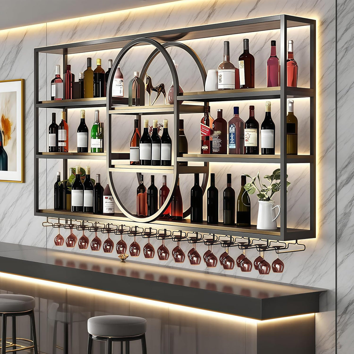 71IN Large Wall Mount Wine Rack, Metal 4 Tier Hanging Bottle Holder