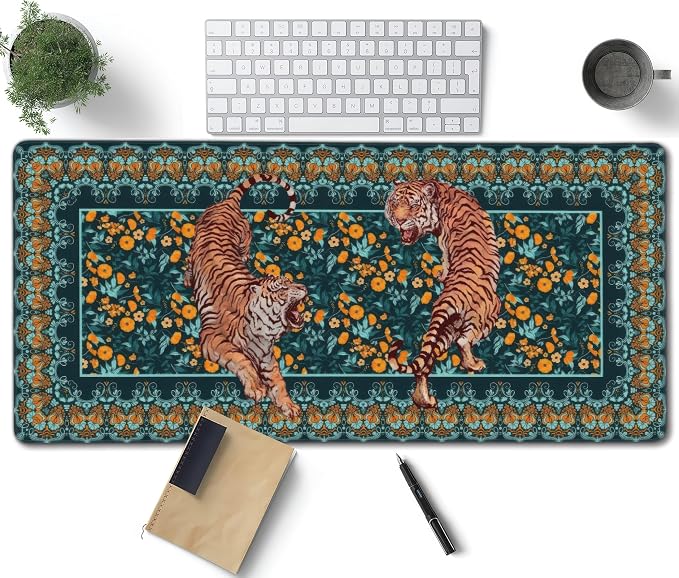 Vintage Floral Tiger Large Mouse Pad, Vintage Aesthetic Gaming Desk Mat by Unknown