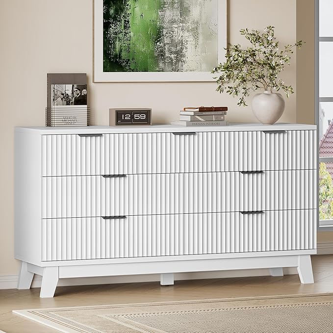 57" Long Dresser for Bedroom, 7-Drawer Fluted Chest, Wide Wood Storage Dresser by BORNOON