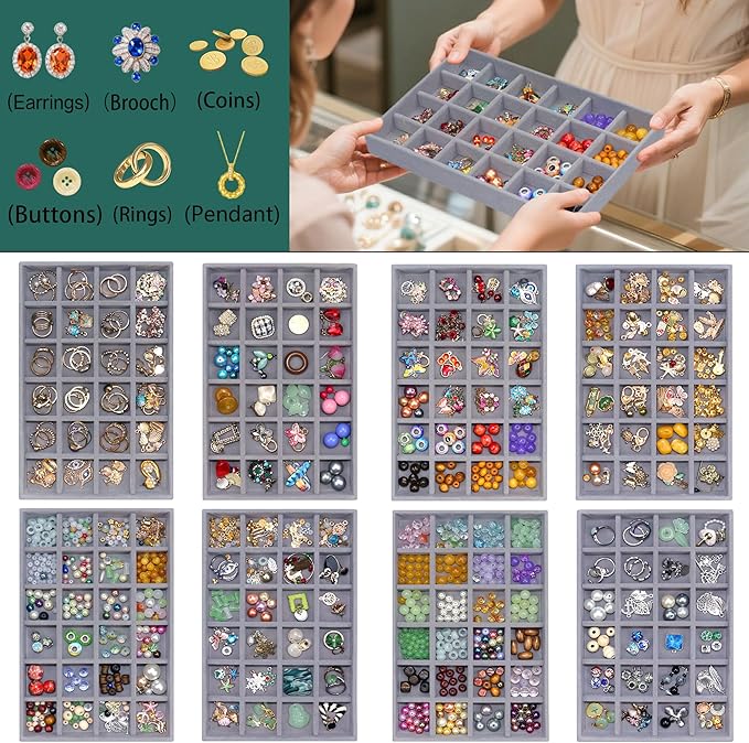 Stackable Jewelry Organizer Tray 24-Grid Velvet Jewelry Drawer Inserts Earring - Image 2