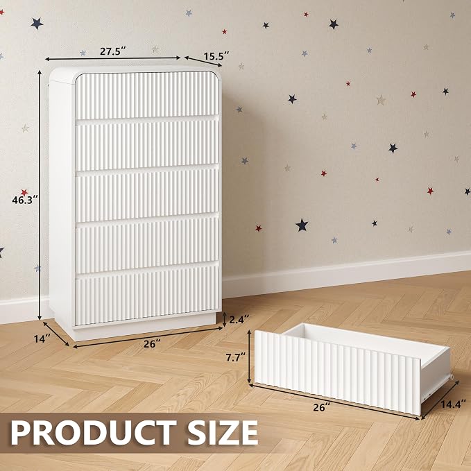 Tall Dresser for Bedroom with 5 Drawers, Fluted Chest of Drawers with Round - Image 2