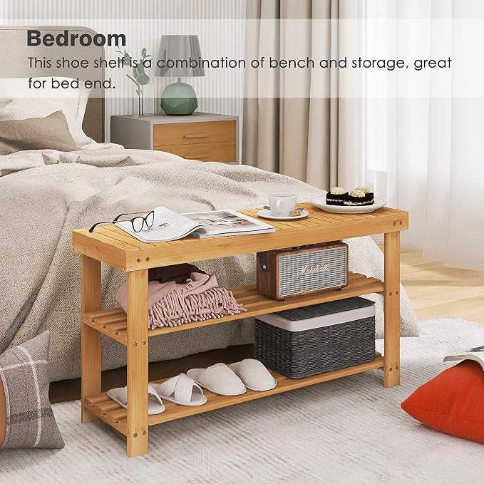 SMIBUY Bamboo Shoe Rack Bench, 3-Tier Shoe Organizer Storage Shelf - Image 9