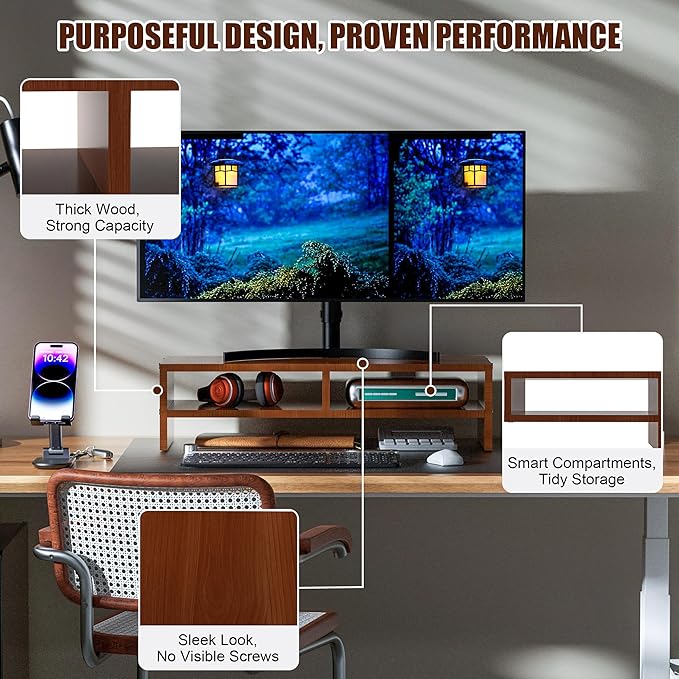 Monitor Stand Riser with Storage, 2 Tier Desk Organizer & Desktop Wood Shelf - Image 4