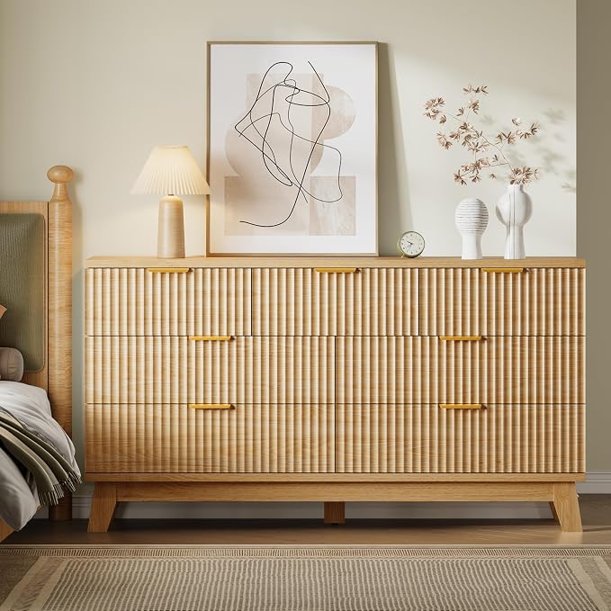 57" Long Dresser for Bedroom, 7-Drawer Fluted Chest, Wide Wood Storage Dresser - Image 4
