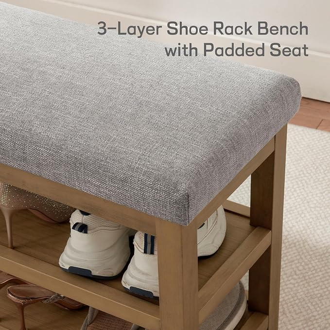 Shoe Rack Bench with Cushion, 2 Tier Solid Wood Storage Bench, Mid-Century - Image 7