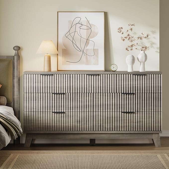 57" Long Dresser for Bedroom, 7-Drawer Fluted Chest, Wide Wood Storage Dresser - Image 4