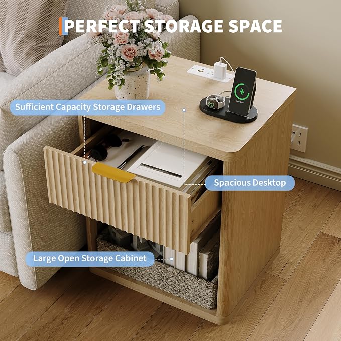 Fluted Nightstand with Charging Station, Bedside Table with Drawers and Open - Image 4