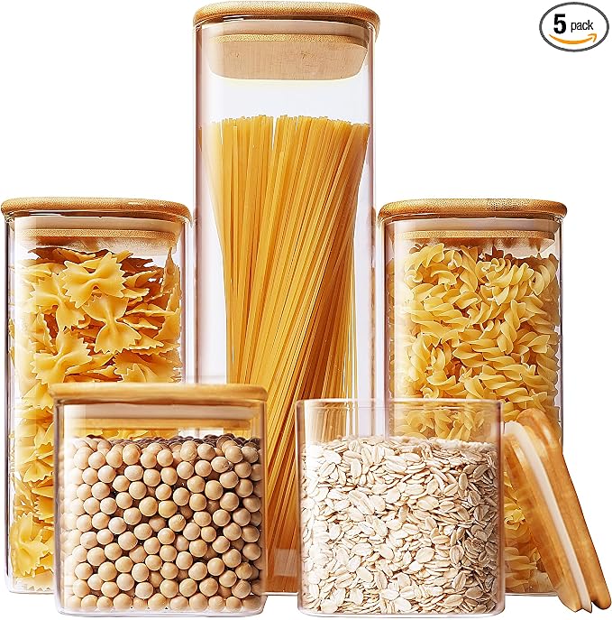 Square Glass Jars with Bamboo Lids, Glass Canisters with Airtight Lids by HomArtist