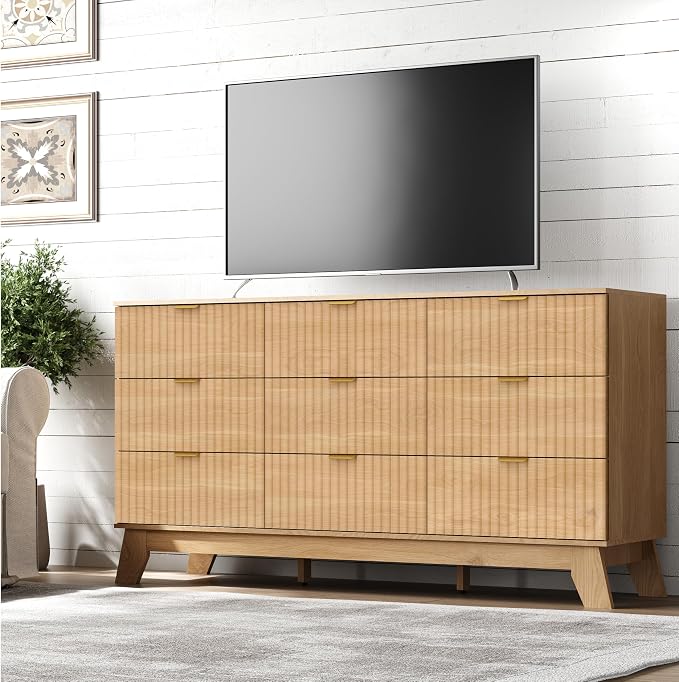 Fluted 9 Drawer Dresser, 57.1" Wide Modern Boho Chest of Drawers, Wooden - Image 5