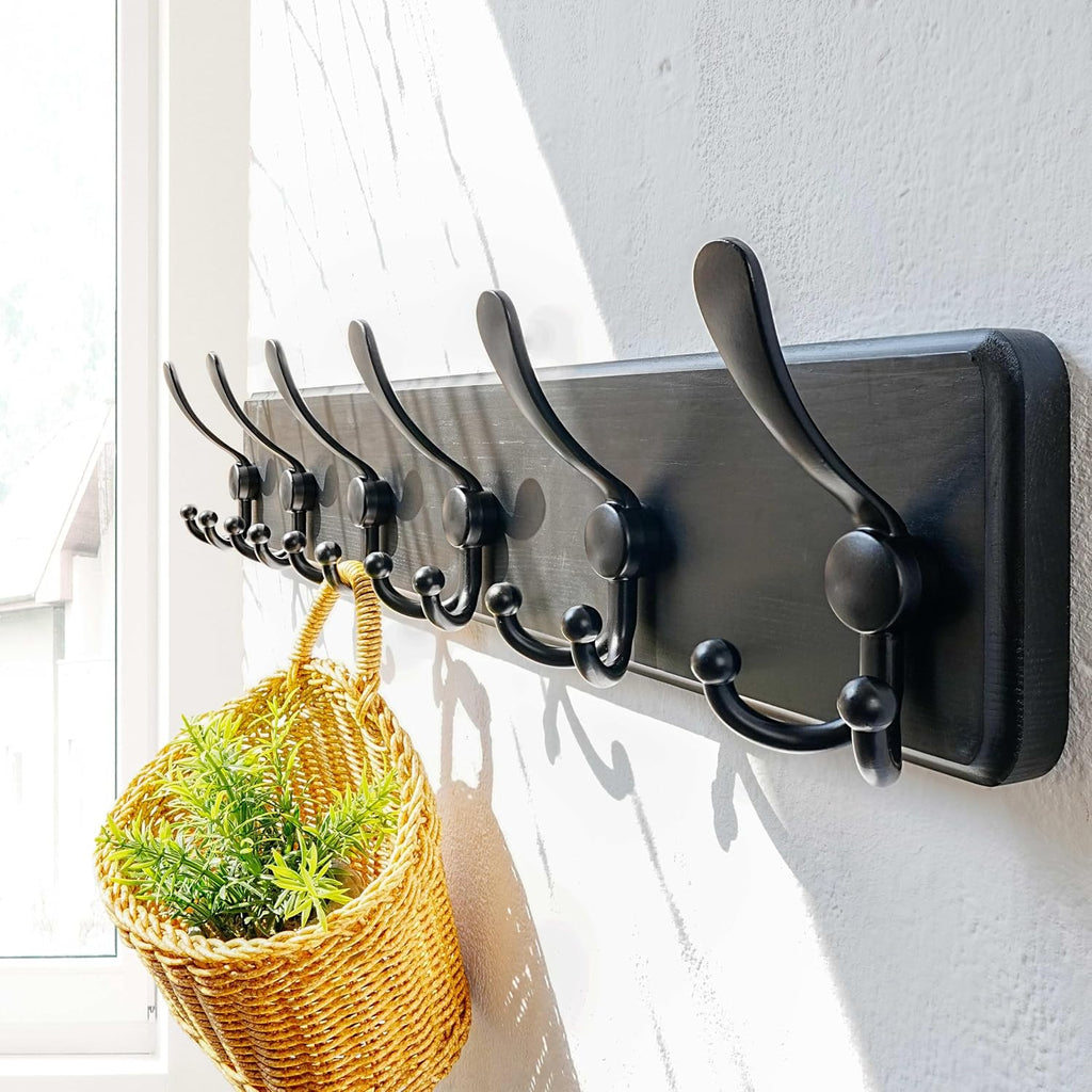 Coat Rack Wall Mounted - 24" Long 6 Tri Hooks, Heavy Duty Wooden Wall