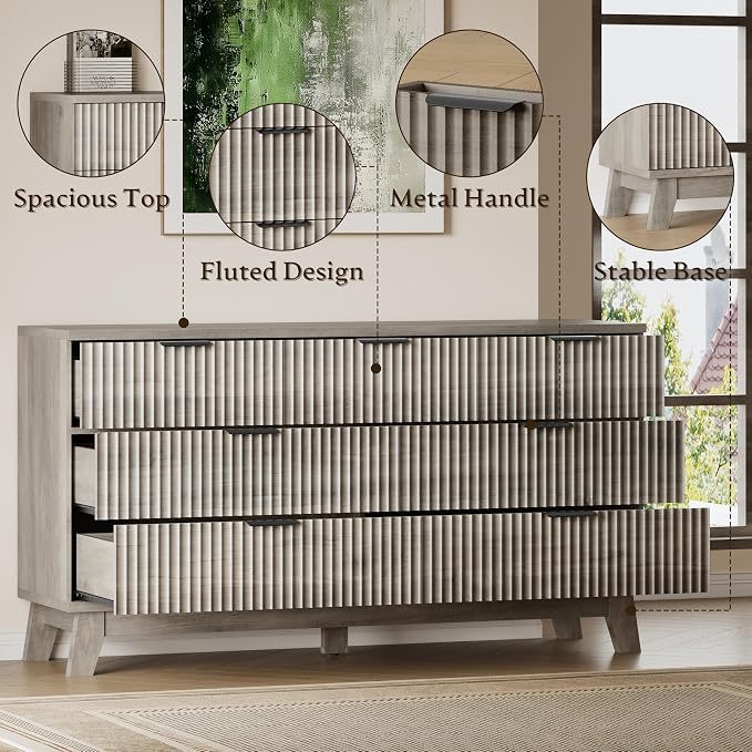 57" Long Dresser for Bedroom, 7-Drawer Fluted Chest, Wide Wood Storage Dresser - Image 5