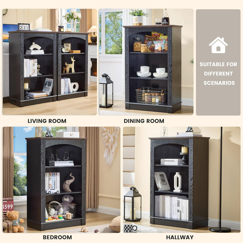 Black Bookshelf, 3 Tier Bookcase Kids Bookshelf Wood Cube Storage