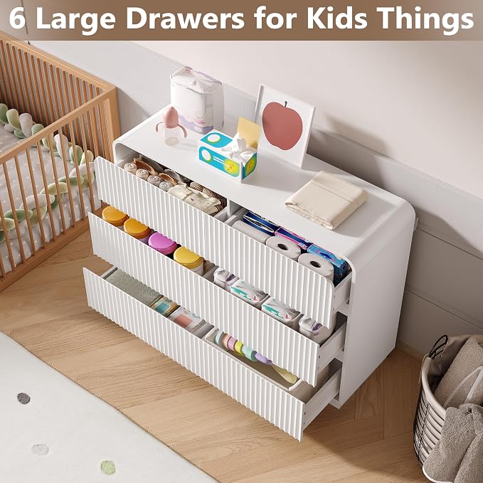 Dresser for Bedroom with 6 Drawers, Fluted Chest of Drawers with Round Curved - Image 3