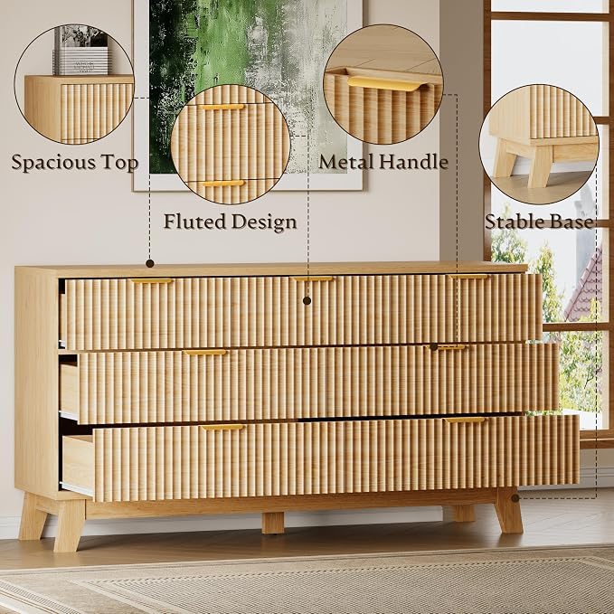 57" Long Dresser for Bedroom, 7-Drawer Fluted Chest, Wide Wood Storage Dresser - Image 5