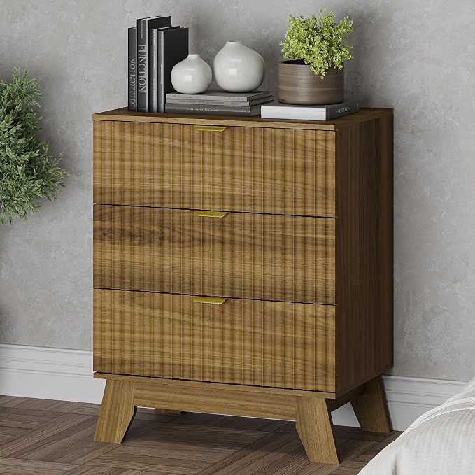 Fluted 3 Drawer Dresser, 30.3" Tall Compact Modern Boho Chest of Drawers by BORNOON