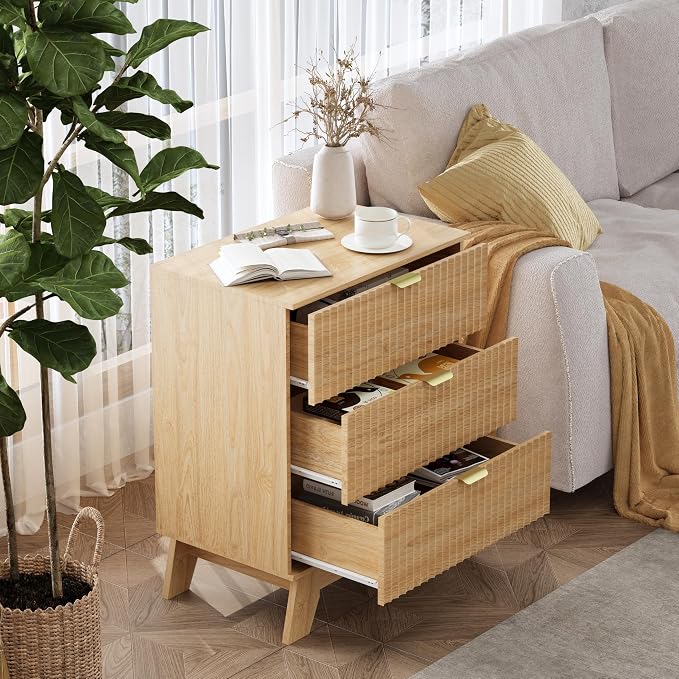 Night Stand Set 2, Bedside Table & End Table, Mid Century Modern Fluted Wood - Image 4