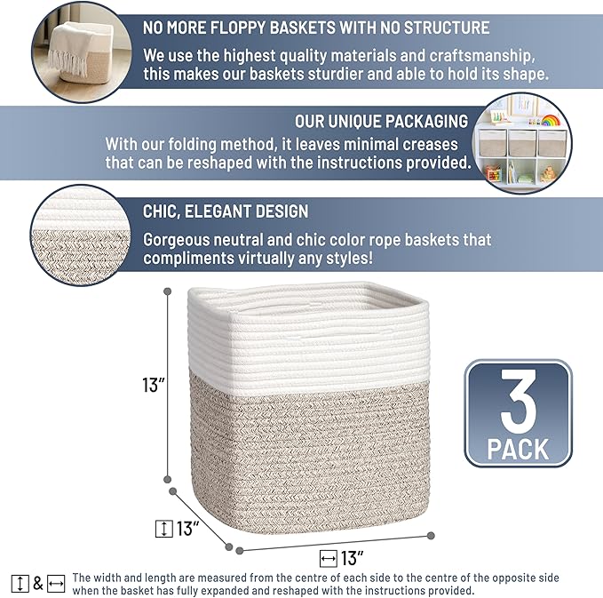 NaturalCozy 13 Inch Cube Storage Bins Cotton Rope Woven Baskets - Image 2