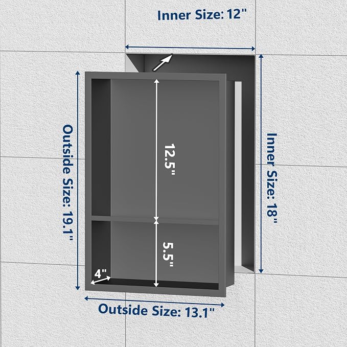 Stainless Steel Shower Niche 18" X 12", No Tile Needed Wall Niche Double Shelves - Image 3