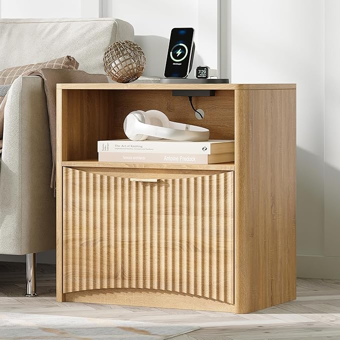 Night Stand with Charging Station, Modern Bedside Table with Drawer & Open by TROJMHome