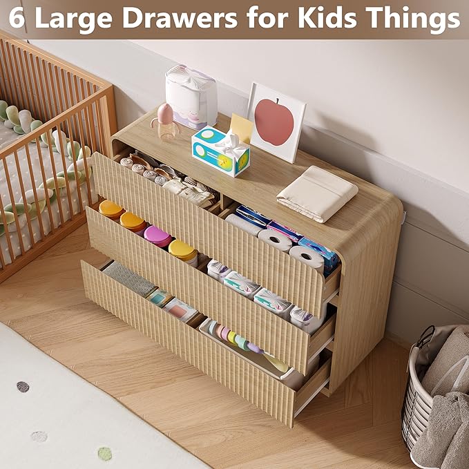 Dresser for Bedroom with 6 Drawers, Fluted Chest of Drawers with Round Curved - Image 3