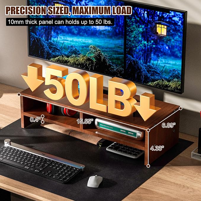 Monitor Stand Riser with Storage, 2 Tier Desk Organizer & Desktop Wood Shelf - Image 3