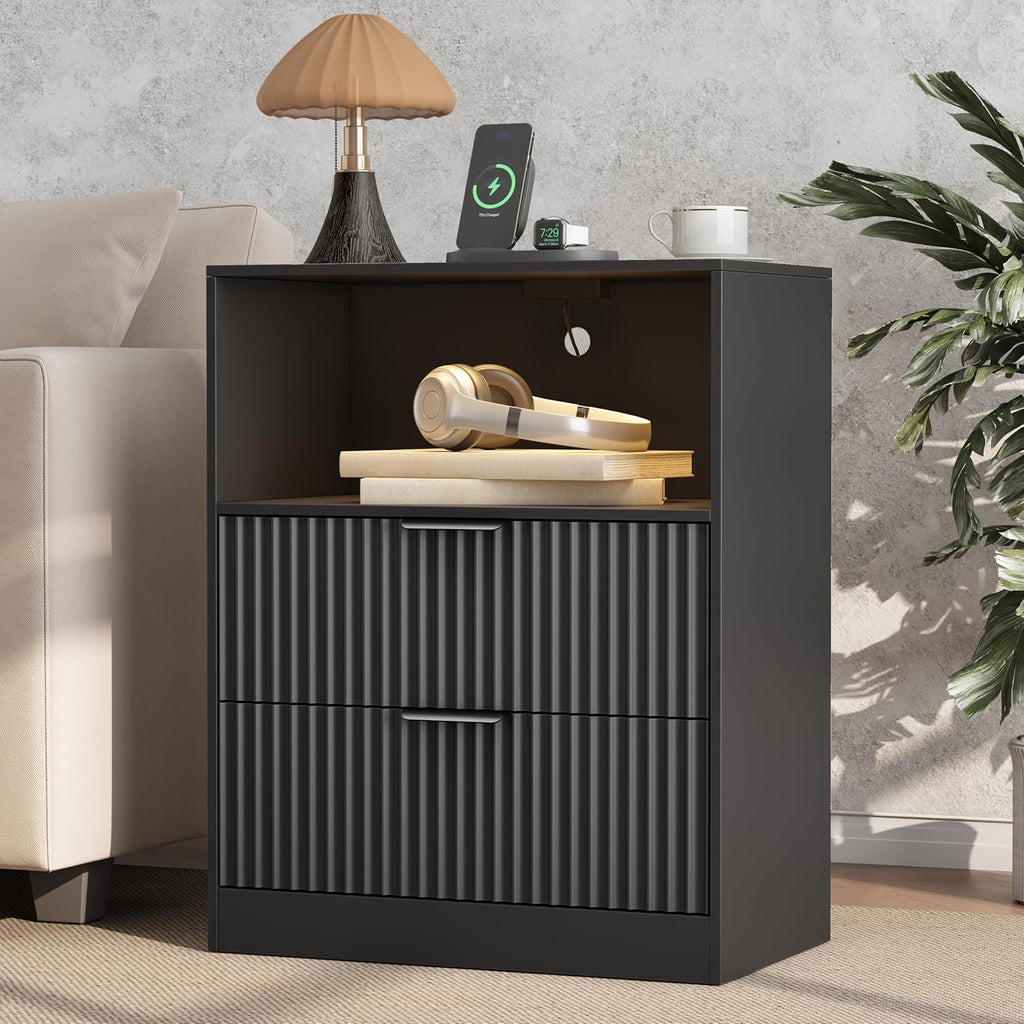 Fluted Nightstand with Charging Station & LED Lights, Fluted Wood