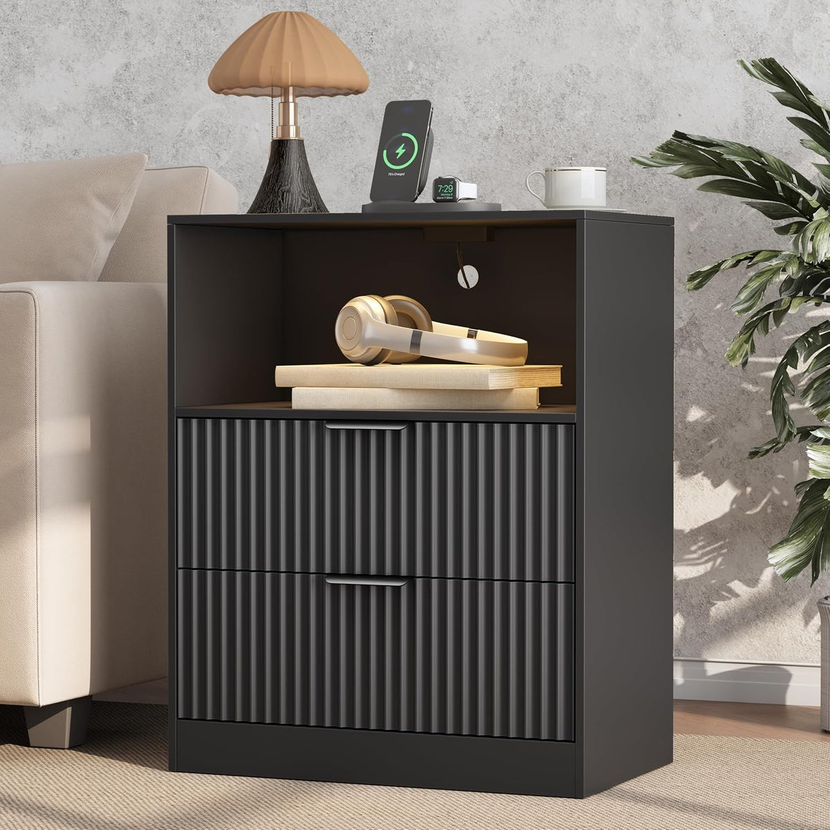 Fluted Nightstand with Charging Station & LED Lights, Fluted Wood