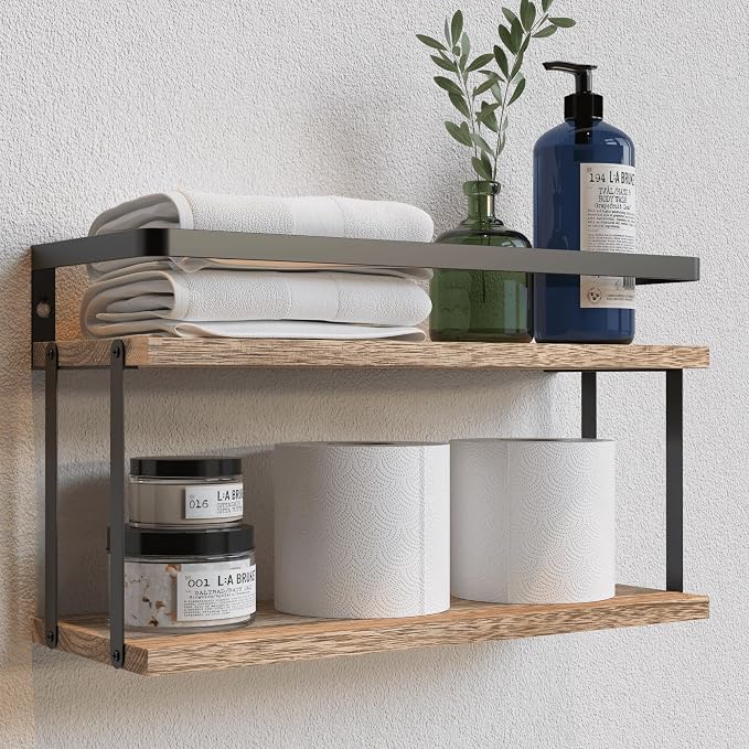 RICHER HOUSE Dual-Level Guardrail Floating Shelves, Rustic Wood Shelf Wall by RicherHouse