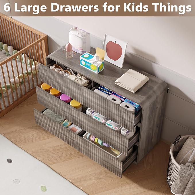 Dresser for Bedroom with 6 Drawers, Fluted Chest of Drawers with Round Curved - Image 3
