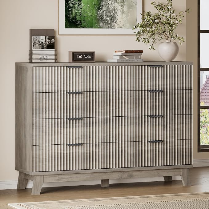 53" Tall Dresser for Bedroom, 8-Drawer Fluted Chest of Drawers, Modern Wood by BORNOON