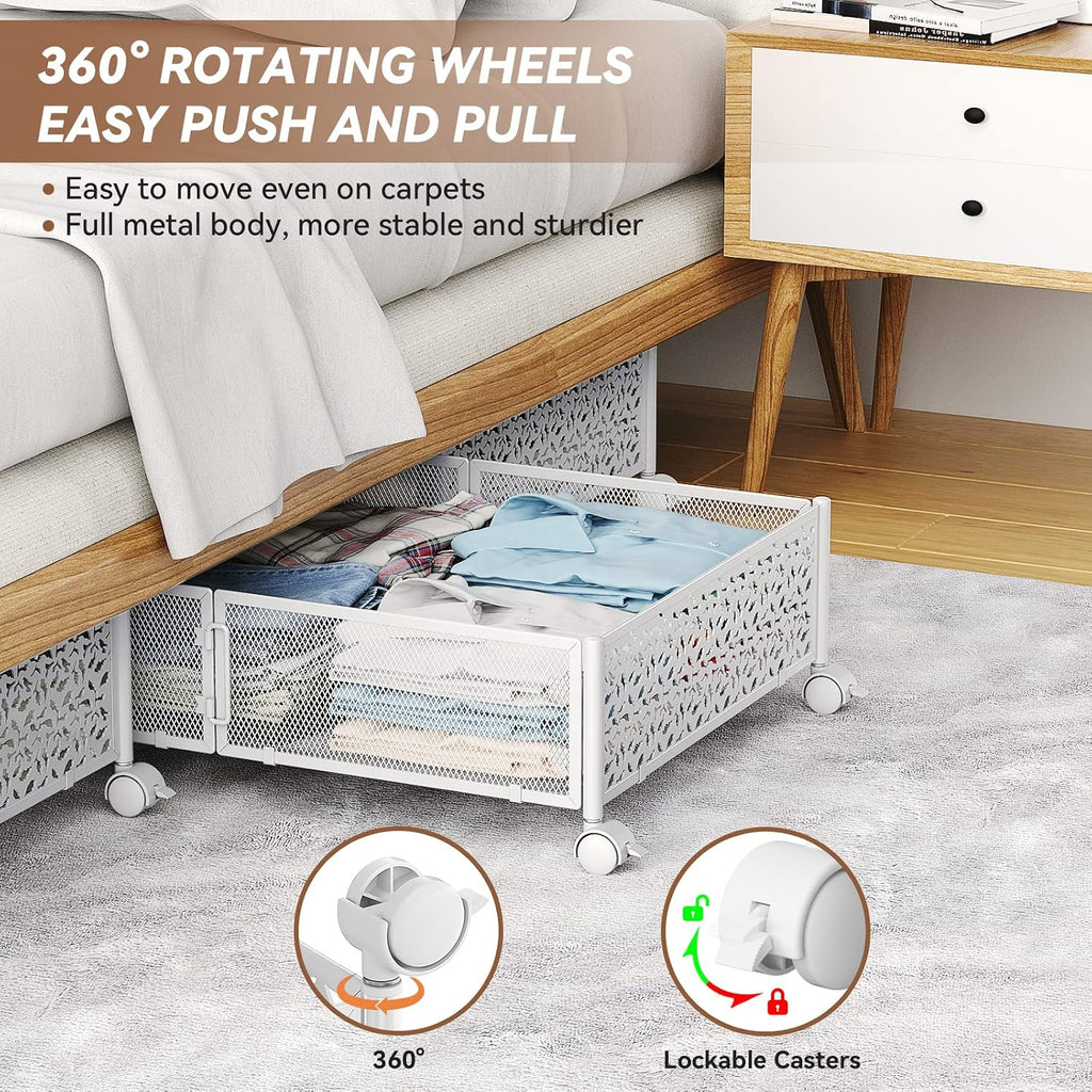 Under Bed Storage Container with Wheels,Patterned,Metal,2 Pack,White