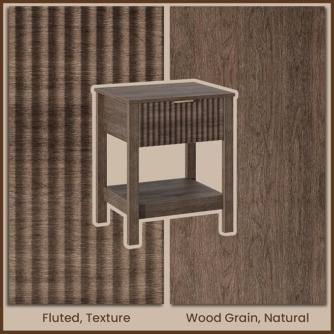 Fluted Night Stand with Golden Handle, Mid-Century Nightstands with Drawer - Image 4