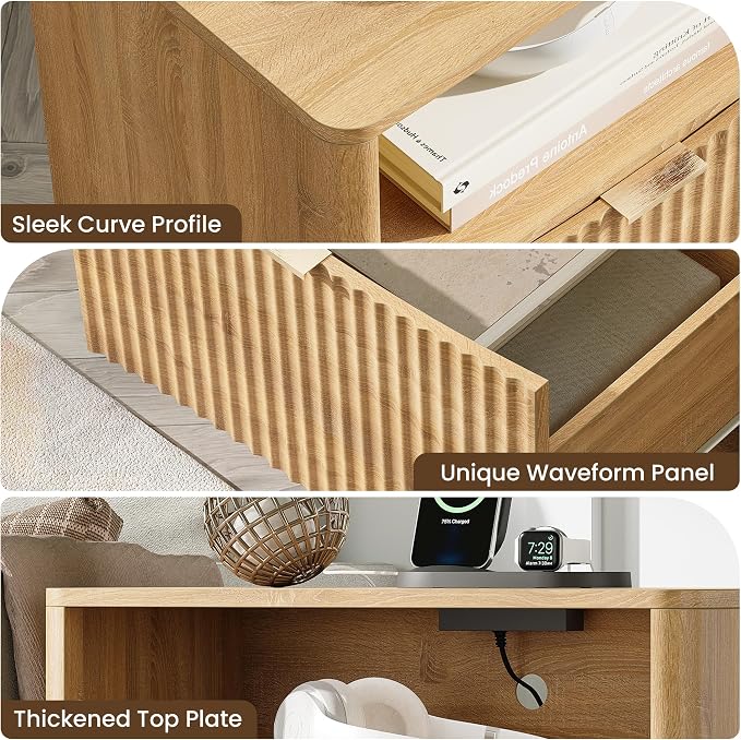 Night Stand with Charging Station, Modern Bedside Table with Drawer & Open - Image 4
