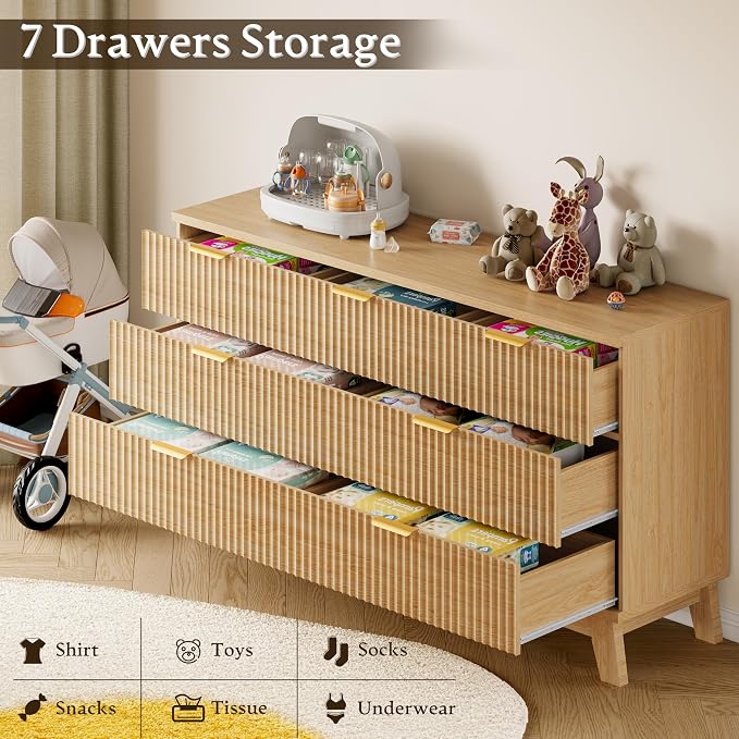 57" Long Dresser for Bedroom, 7-Drawer Fluted Chest, Wide Wood Storage Dresser - Image 6