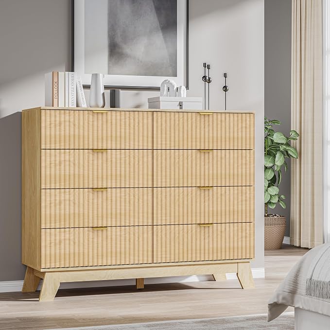 Fluted 8 Drawer Tall Dresser, 47.2" Wide Modern Boho Chest of Drawers, Wooden - Image 7